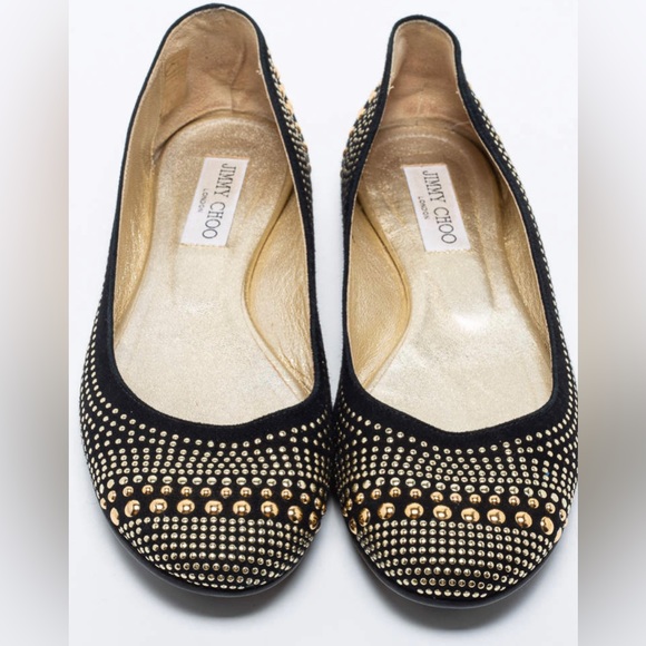 JIMMY CHOO BALLERINAS IN BLACK
SUEDE WITH GOLD STUDS - Picture 2 of 11